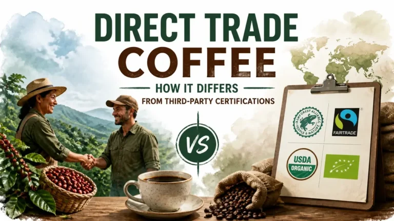 Infographic comparing direct trade coffee and third-party certifications, featuring a coffee bean and handshake icon in watercolor style for the article Direct Trade Coffee: How It Differs from Third-Party Certifications.