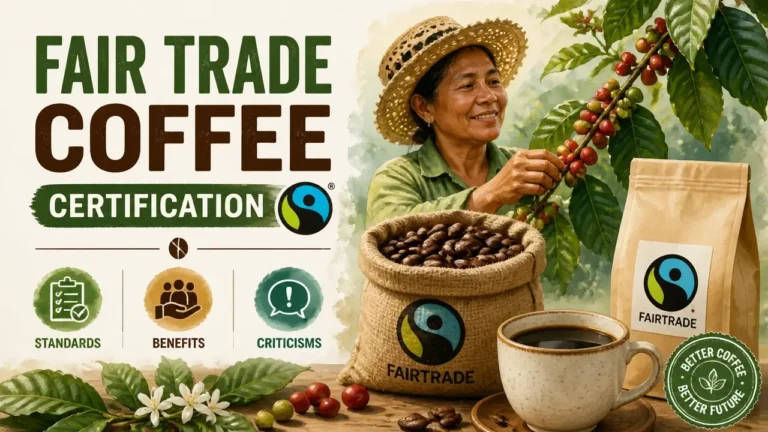 Fair Trade Coffee Certification infographic showing standards, benefits, and criticisms in a hyper-realistic 3D watercolor style with bright studio lighting