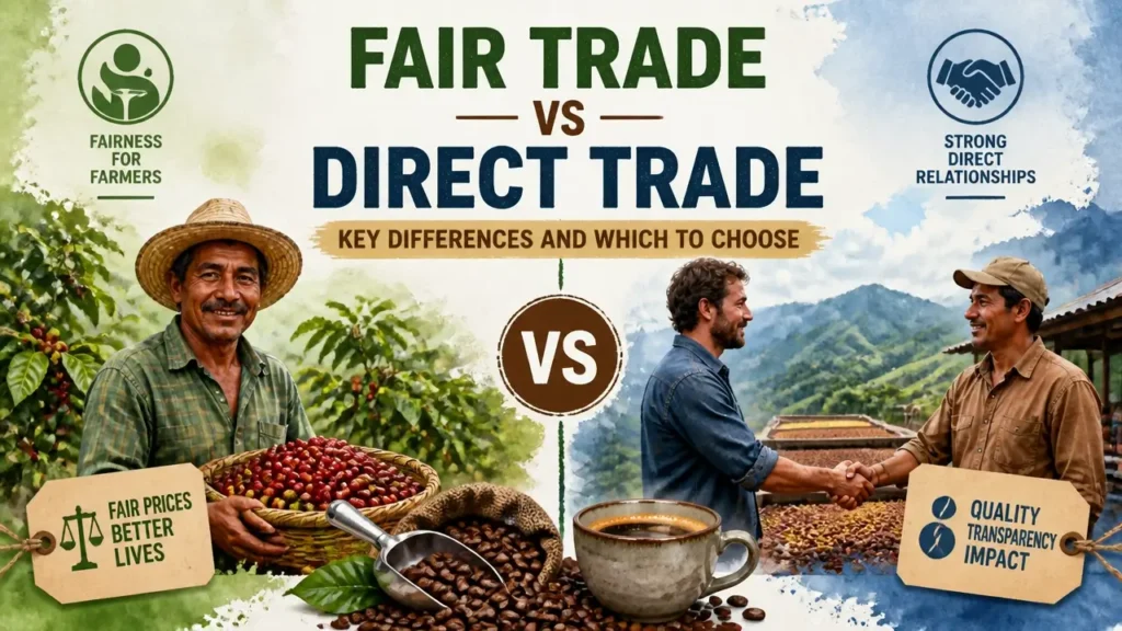 Fair Trade vs Direct Trade Coffee: Key Differences and Which to Choose - infographic comparing ethical coffee sourcing methods with watercolor texture