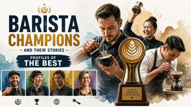 Featured image for Famous Barista Champions and Their Stories: Profiles of the Best, hyper-realistic 3D with watercolor texture highlighting specialty coffee culture