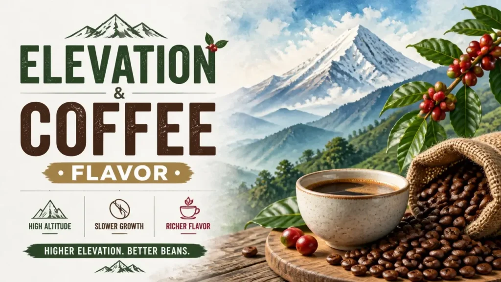 Infographic illustrating how high elevation improves coffee bean flavor with 3D beans and watercolor texture