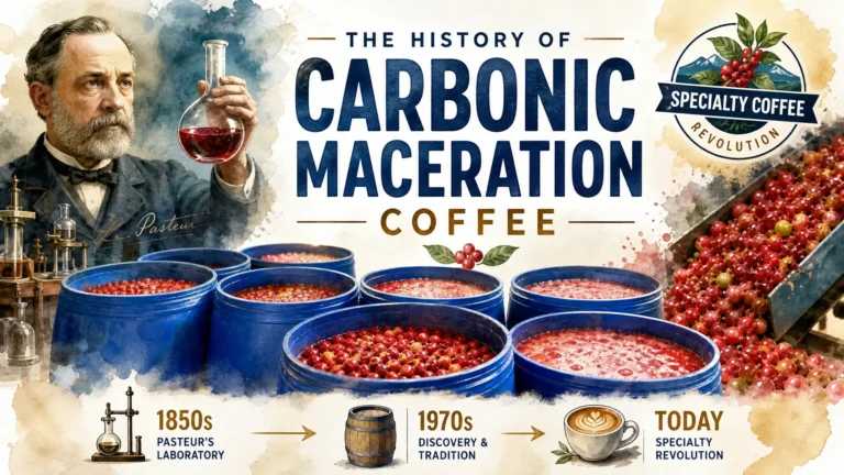 Featured image for The History of Carbonic Maceration from Wine to Coffee article, hyper-realistic 3D watercolor infographic with bright studio lighting
