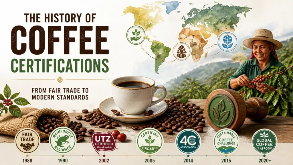 The History of Coffee Certifications: From Fair Trade to Modern Standards infographic with coffee beans and certification logos in watercolor style