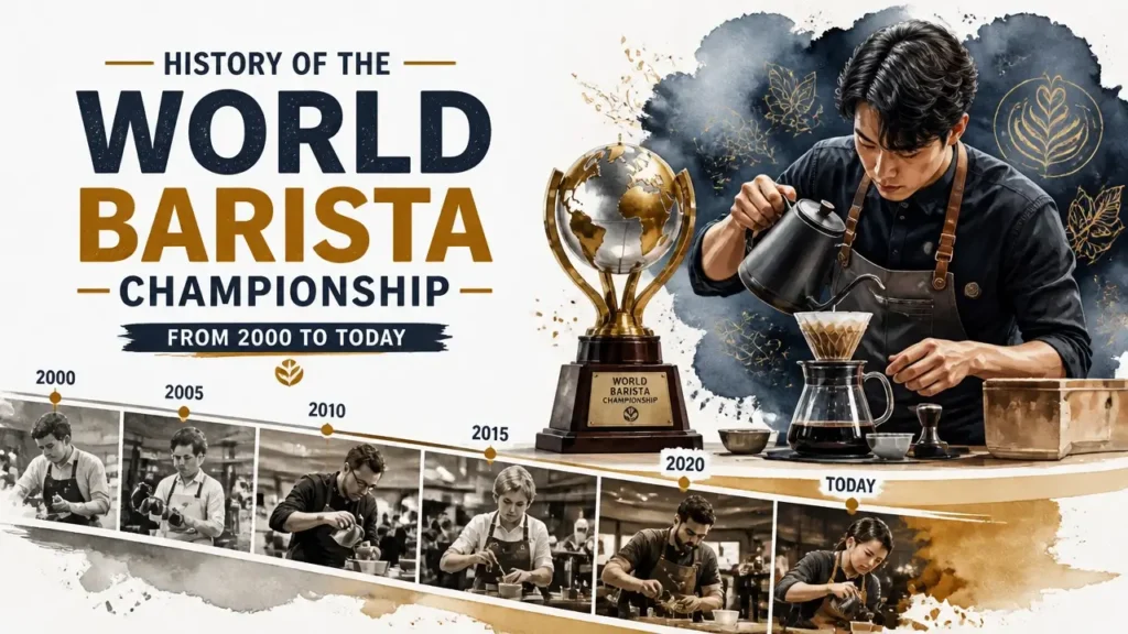 History of the World Barista Championship: 2000 to today - hyper-realistic 3D watercolor magazine cover with infographic timeline