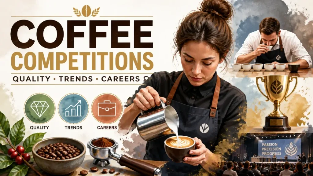 Featured image for How Coffee Competitions Impact the Industry: Quality, Trends, and Careers – hyper-realistic 3D watercolor infographic with bright studio lighting and clean typography.