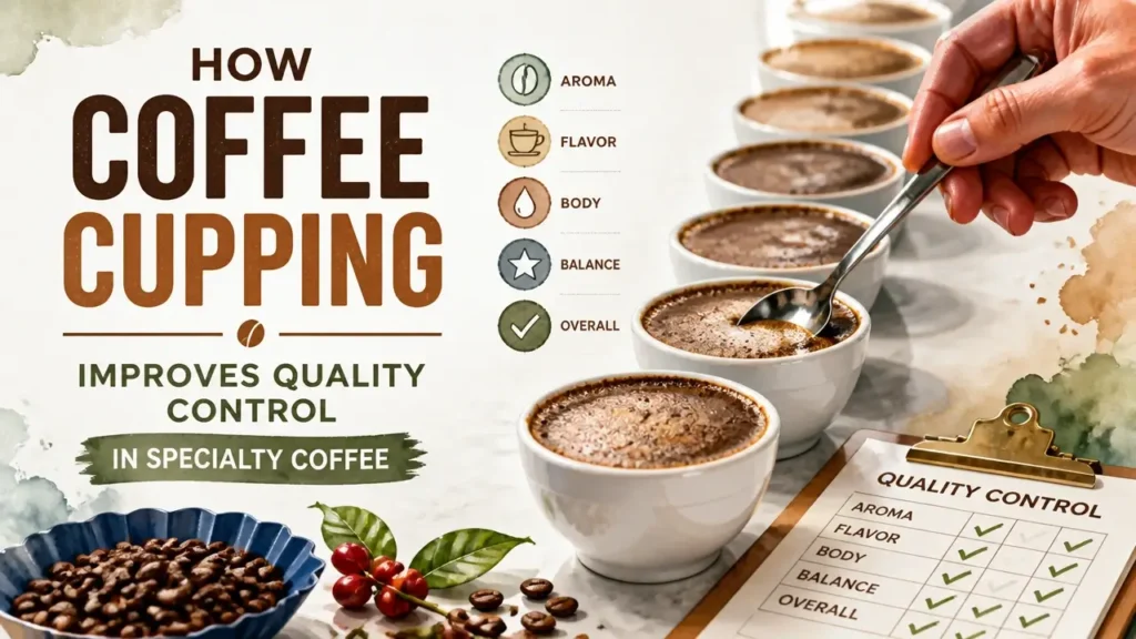 Hyper-realistic 3D rendering with watercolor texture of a coffee cupping table, showing quality control in specialty coffee.