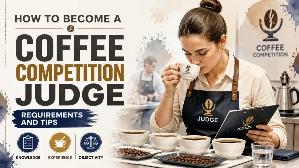 Featured image for article 'How to Become a Coffee Competition Judge: Requirements and Tips' showing a modern infographic with coffee judging tools.