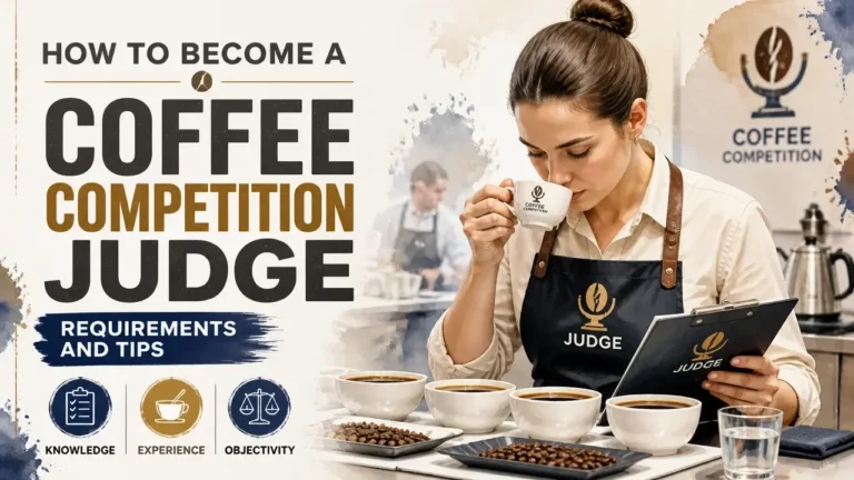 Featured image for article 'How to Become a Coffee Competition Judge: Requirements and Tips' showing a modern infographic with coffee judging tools.