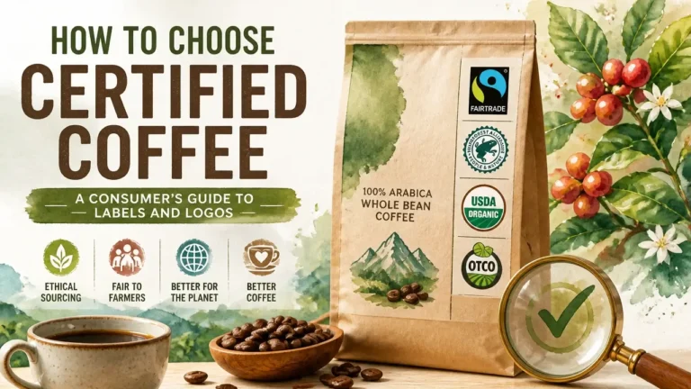 Visual guide to choosing certified coffee with labels and logos, showing organic, fair trade, and specialty coffee certifications in a 3D watercolor infographic.