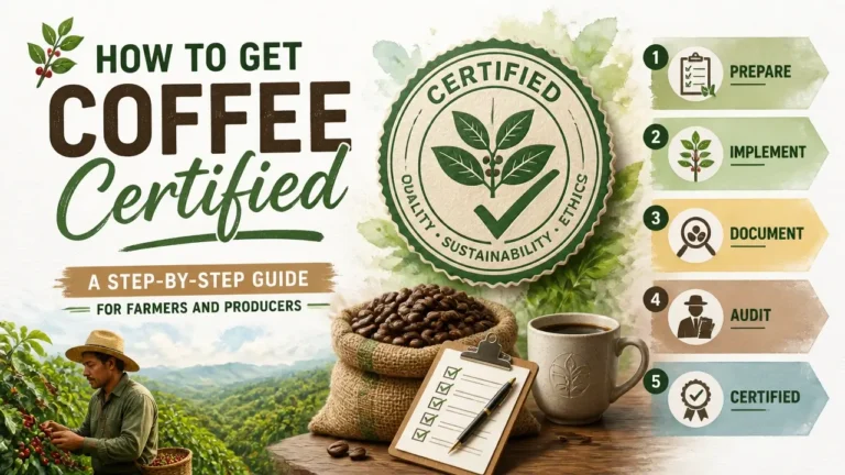 Hyper-realistic 3D watercolor infographic showing coffee certification path for farmers and producers, illustrating How to Get Coffee Certified guide.