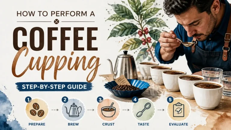 How to Perform a Coffee Cupping: Step-by-Step Guide - hyper-realistic 3D infographic with watercolor texture of coffee cupping steps