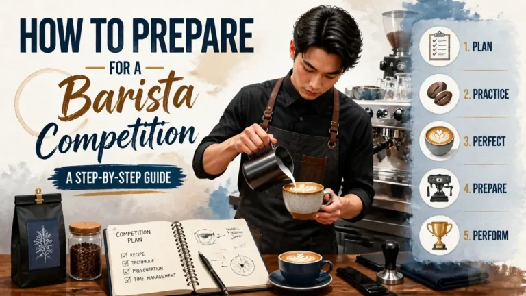 Step-by-step guide on how to prepare for a barista competition featuring a hyper-realistic 3D coffee setup with watercolor texture and infographic layout.