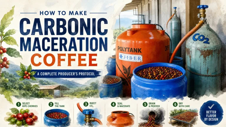 Step-by-step guide on how to process coffee with carbonic maceration, featuring a modern infographic magazine cover style.