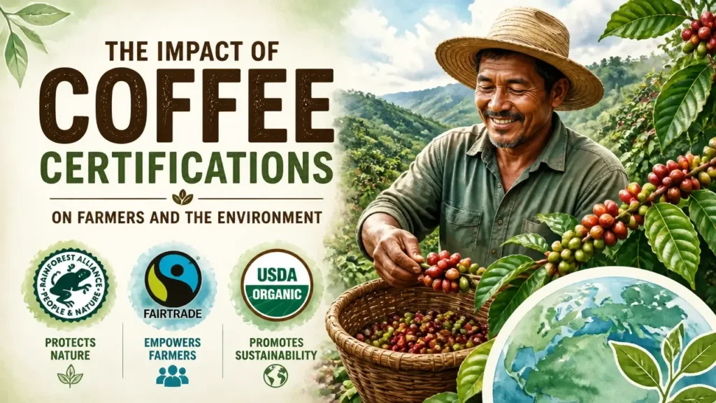 The Impact of Coffee Certifications on Farmers and the Environment depicted in a 3D watercolor infographic with bright studio lighting.