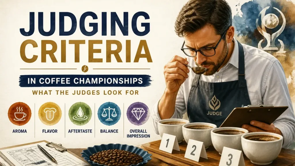 A detailed infographic illustrating judging criteria in coffee championships, what the judges look for, with a coffee cup and scorecard in watercolor style.