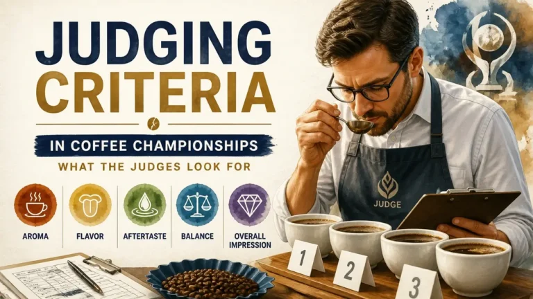 A detailed infographic illustrating judging criteria in coffee championships, what the judges look for, with a coffee cup and scorecard in watercolor style.