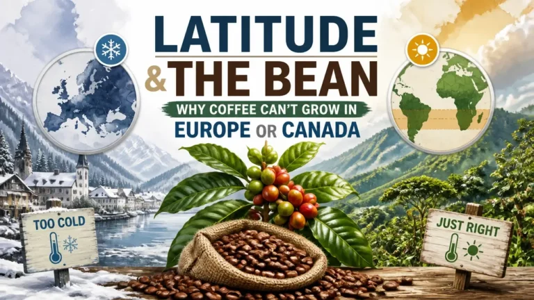 Infographic showing a coffee bean and world map highlighting why latitude prevents coffee cultivation in Europe and Canada, with watercolor texture and modern magazine cover style.