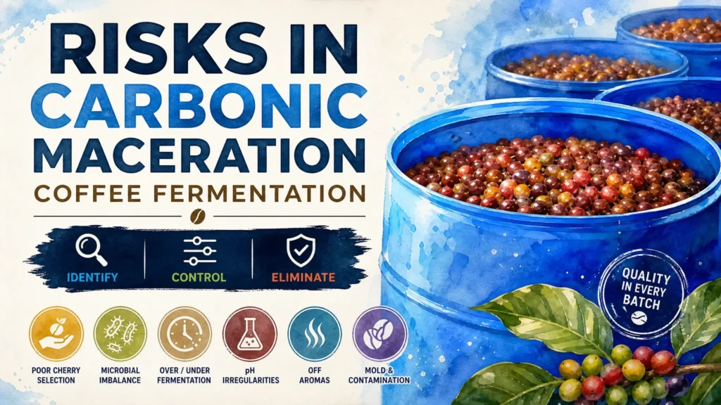 Managing Risks in Carbonic Maceration: Spoilage and Quality Control infographic magazine cover with abstract quality control and spoilage prevention visuals
