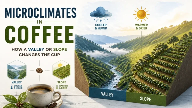 Microclimates in coffee: how a valley or slope changes the cup, illustrated by a 3D watercolor infographic with bright studio lighting.