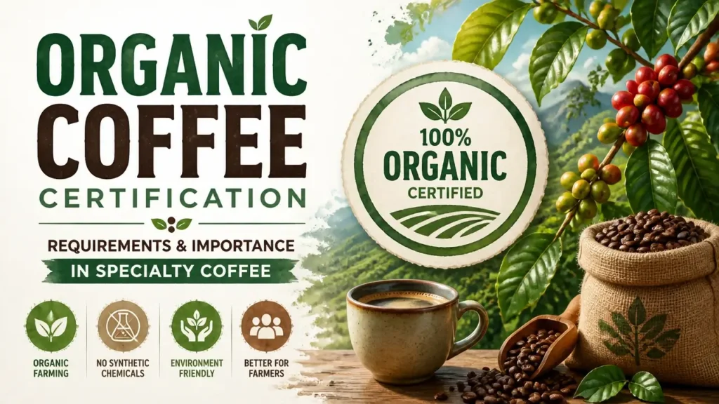 Organic coffee certification requirements and importance in specialty coffee, 3D rendering with watercolor texture and infographic design