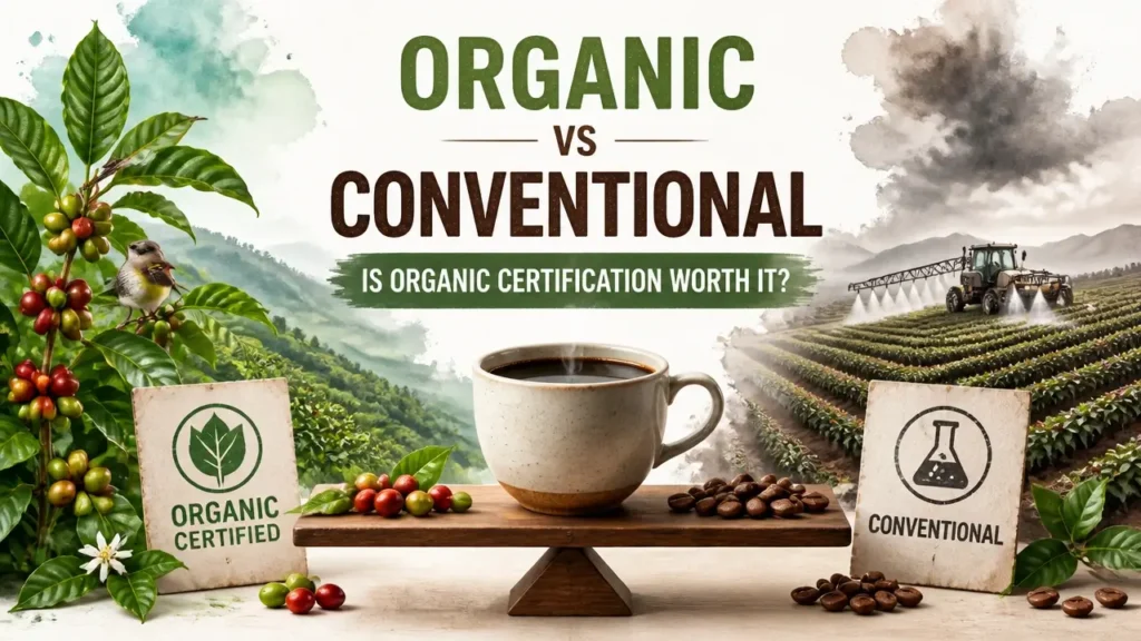 Comparison of organic vs conventional coffee beans with certification label, asking if organic certification is worth it for specialty coffee ethics.