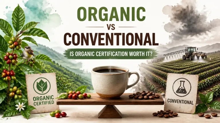 Comparison of organic vs conventional coffee beans with certification label, asking if organic certification is worth it for specialty coffee ethics.