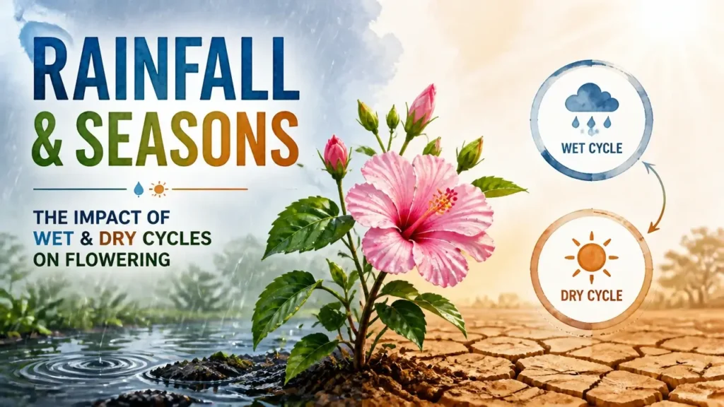Hyper-realistic 3D infographic of Rainfall & Seasons: The Impact of Wet & Dry Cycles on Flowering with watercolor texture