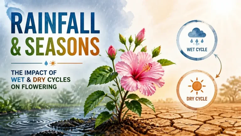 Hyper-realistic 3D infographic of Rainfall & Seasons: The Impact of Wet & Dry Cycles on Flowering with watercolor texture