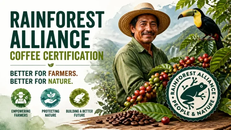 Rainforest Alliance Coffee Certification infographic with watercolor texture of sustainable coffee farm and certification logo