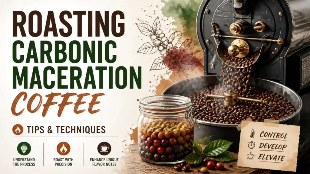 Infographic illustration of roasting carbonic maceration coffee with tips and techniques in a modern magazine cover style
