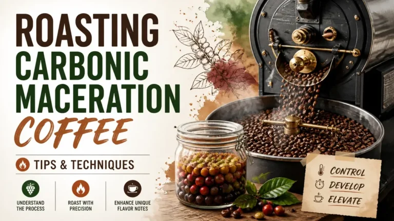 Infographic illustration of roasting carbonic maceration coffee with tips and techniques in a modern magazine cover style