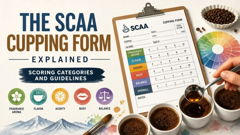 SCAA cupping form explained with hyper-realistic 3D watercolor texture, scoring categories and guidelines in infographic layout.