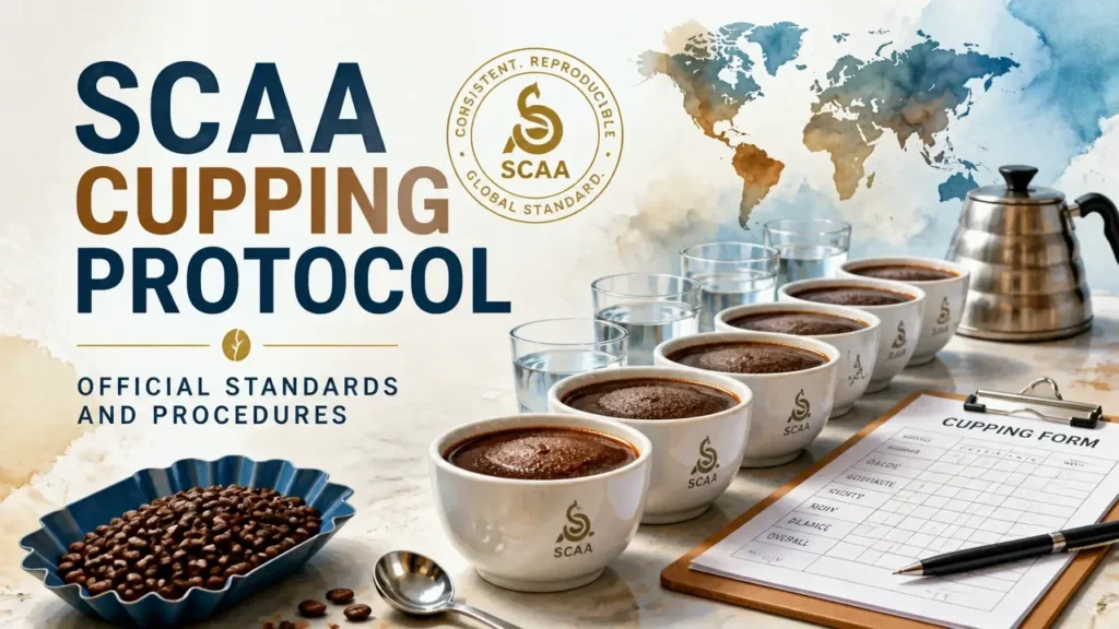 Infographic of SCAA Cupping Protocol official standards and procedures with cupping spoons and flavor wheel for specialty coffee evaluation