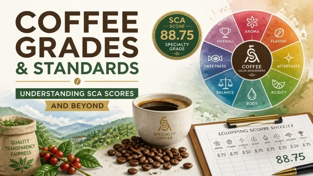 Infographic explaining Specialty Coffee Grades and Standards, Understanding SCA Scores and Beyond with watercolor texture