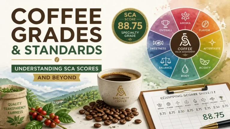 Infographic explaining Specialty Coffee Grades and Standards, Understanding SCA Scores and Beyond with watercolor texture