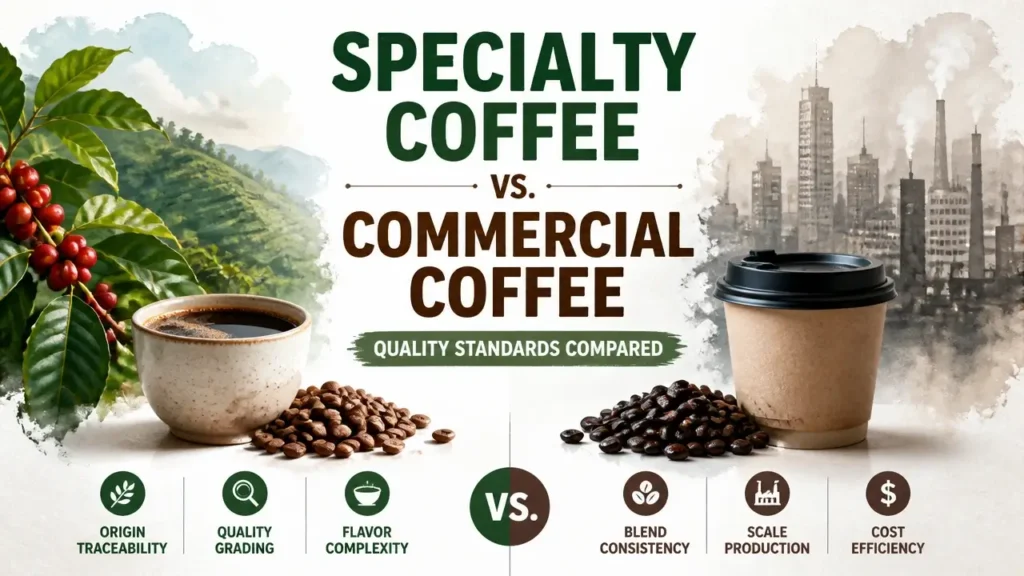 Specialty coffee vs commercial coffee quality standards comparison in hyper-realistic watercolor infographic.