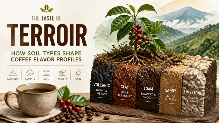 Magazine cover titled 'The Taste of Terroir: How Soil Types Shape Coffee Flavor Profiles' featuring 3D coffee beans and soil layers in watercolor style.