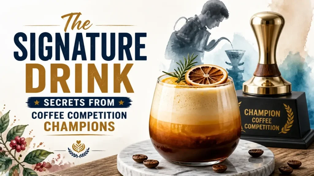Watercolor illustration of signature coffee drink for article 'The Signature Drink: Secrets from Coffee Competition Champions'.
