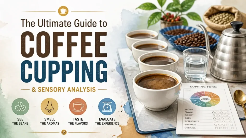 The Ultimate Guide to Coffee Cupping & Sensory Analysis featured image with hyper-realistic 3D watercolor texture of cupping tools and coffee beans.