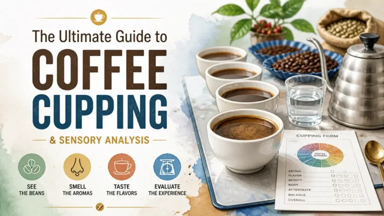 The Ultimate Guide to Coffee Cupping & Sensory Analysis featured image with hyper-realistic 3D watercolor texture of cupping tools and coffee beans.