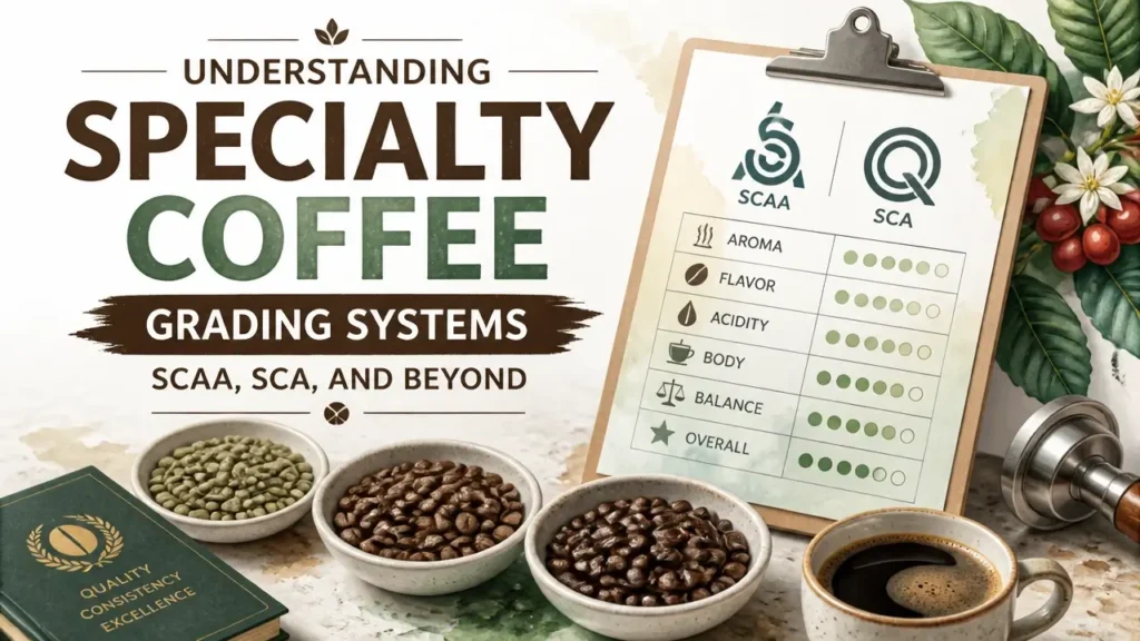 Specialty Coffee Grading Systems: How Scores Are Built, What They Mean, and Why They Matter to Your Business 10 Understanding Specialty Coffee Grading Systems: SCAA, SCA, and Beyond infographic cover with watercolor texture