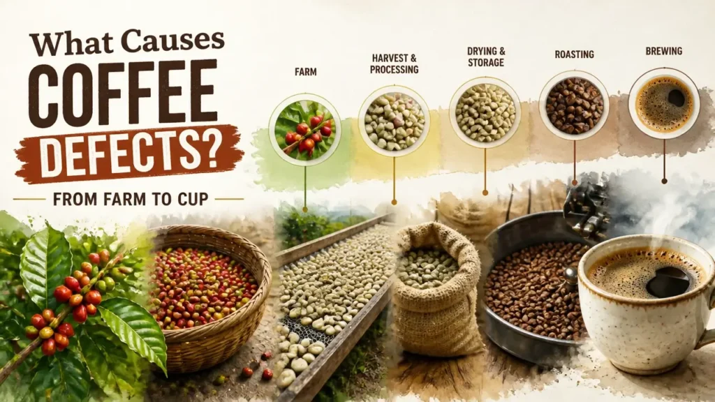 Featured image for article 'What Causes Coffee Defects? From Farm to Cup' showing a hyper-realistic 3D infographic with watercolor texture and bright studio lighting