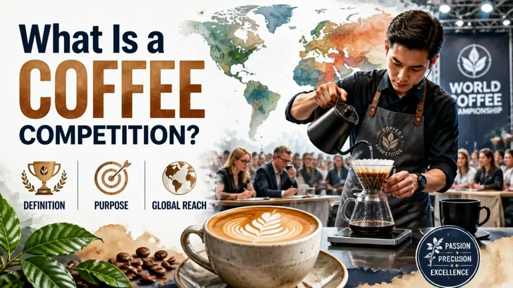 What Is a Coffee Competition? Definition, Purpose, and Global Reach - hyper-realistic 3D infographic of a coffee competition with judges and baristas in bright studio lighting.