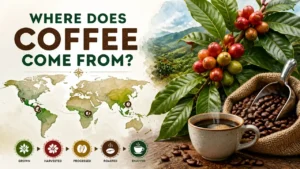 The Coffee Belt Explained: Where Coffee Grows, Who Grows It, and Why That Map Is Changing 13 Hyper-realistic 3D magazine cover titled 'Where Does Coffee Come From?' with coffee beans and world map in watercolor texture