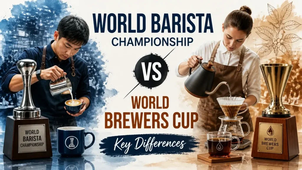 Infographic comparing World Barista Championship vs World Brewers Cup key differences in specialty coffee culture.