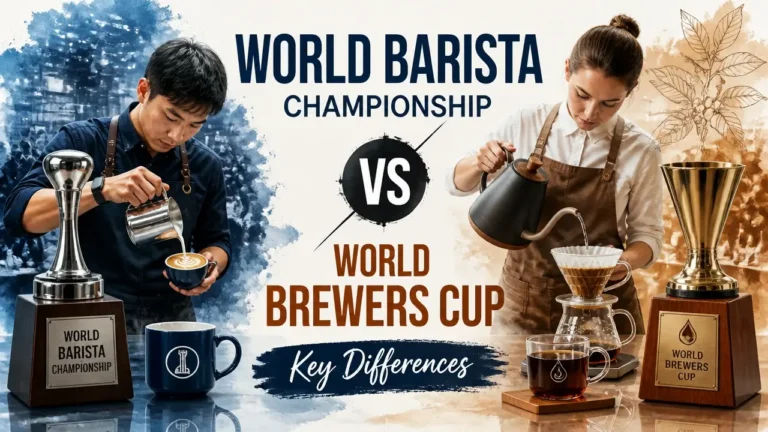 Infographic comparing World Barista Championship vs World Brewers Cup key differences in specialty coffee culture.