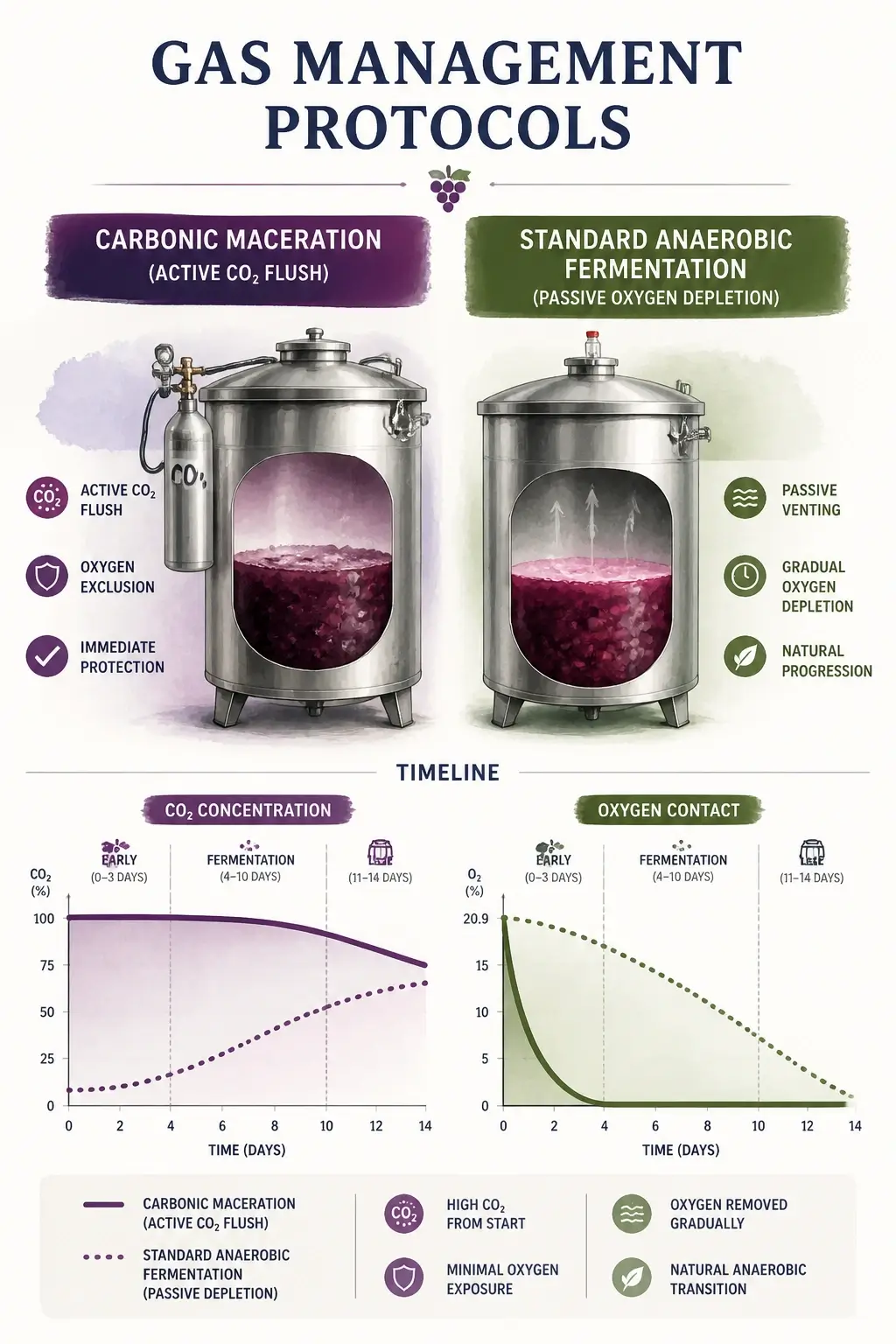 Carbonic Maceration vs Anaerobic Fermentation Coffee: The Real Differences That Change What's in Your Cup 5 Infographic comparing carbonic maceration active CO2 flush and standard anaerobic fermentation passive oxygen depletion with timeline of CO2 concentration and oxygen contact