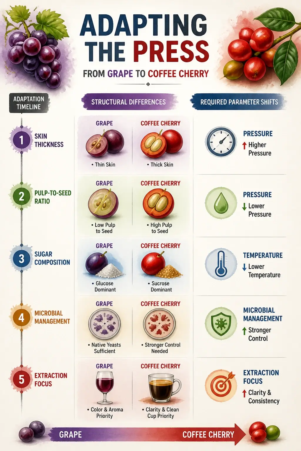 The History of Carbonic Maceration Coffee: From Pasteur's Laboratory to the Specialty Coffee Revolution 6 Hyper-realistic 3D infographic timeline mapping structural and biochemical challenges from grapes to coffee cherries with watercolor texture.