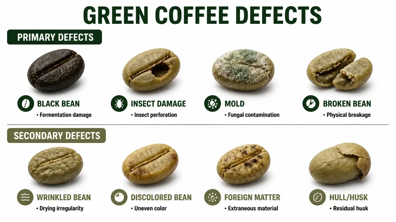 Macro photograph of green coffee defects including black bean, insect damage, mold, and broken bean on white background with text labels