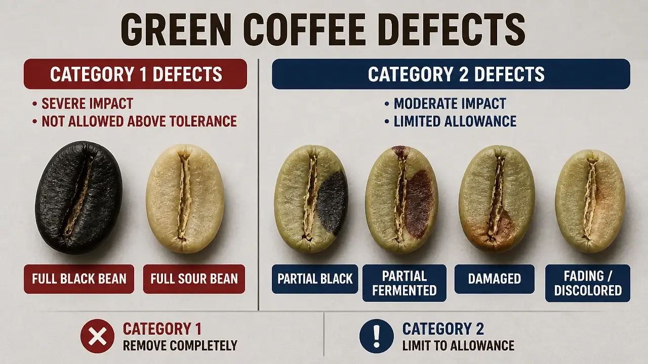 Documentary photo of full black, full sour, and partial defects in green coffee beans on neutral background